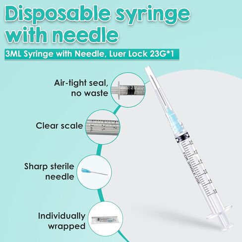 100 Pack 3 ml/cc Syringes with Needles-23G, 1.0 inch Needle Luer Lock Syringe- Sterile, Sample Injection, Labs, Disposable, Individually Packaged in Saudi Arabia