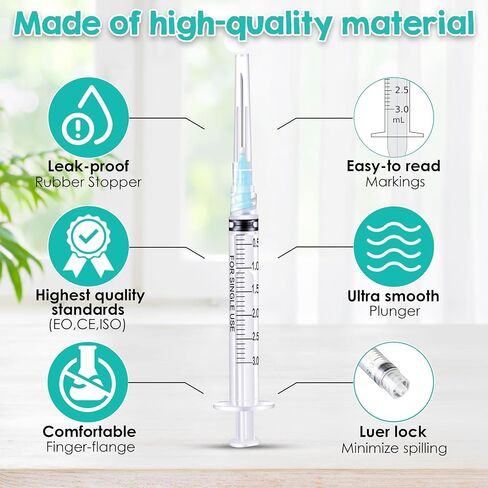 100 Pack 3 ml/cc Syringes with Needles-23G, 1.0 inch Needle Luer Lock Syringe- Sterile, Sample Injection, Labs, Disposable, Individually Packaged in Saudi Arabia