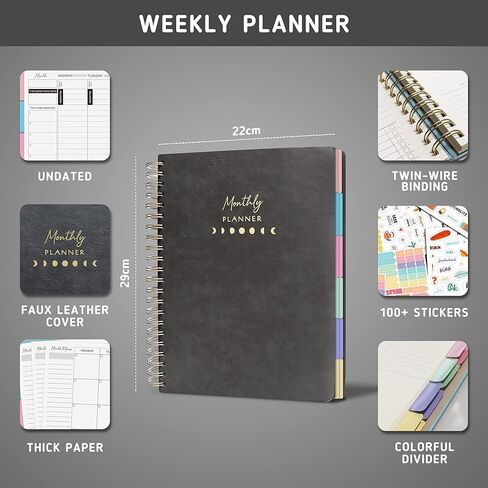 مخطط الحياة الأسبوعي والشهري - منظم، مجلة الامتنان - غير مؤرخ، سنة واحدة - غطاء بني فاخر، مخطط ربط مزدوج الأسلاك، أكثر من 100 ملصق، فواصل ملونة متضمنة (11 بوصة × 8.5 بوصة) in Kuwait