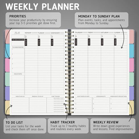 مخطط الحياة الأسبوعي والشهري - منظم، مجلة الامتنان - غير مؤرخ، سنة واحدة - غطاء بني فاخر، مخطط ربط مزدوج الأسلاك، أكثر من 100 ملصق، فواصل ملونة متضمنة (11 بوصة × 8.5 بوصة) in Kuwait