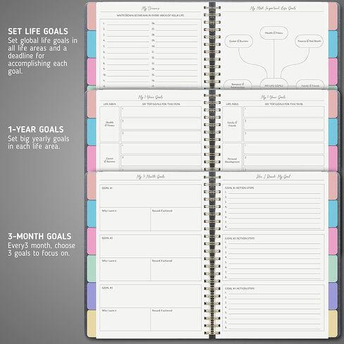 مخطط الحياة الأسبوعي والشهري - منظم، مجلة الامتنان - غير مؤرخ، سنة واحدة - غطاء بني فاخر، مخطط ربط مزدوج الأسلاك، أكثر من 100 ملصق، فواصل ملونة متضمنة (11 بوصة × 8.5 بوصة) in Kuwait