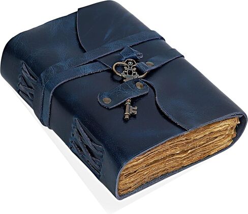 Vintage Leather Journal - Antique Handmade Leather Bound Journal with Old Fashioned Deckle Edge Paper - Drawing Journal Perfect for Writing, a Book of Shadows Journal (7 inch Royal Blue Key Closure) in Saudi Arabia