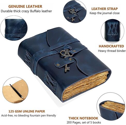 Vintage Leather Journal - Antique Handmade Leather Bound Journal with Old Fashioned Deckle Edge Paper - Drawing Journal Perfect for Writing, a Book of Shadows Journal (7 inch Royal Blue Key Closure) in Saudi Arabia