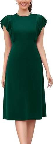 MUADRESS Women Ruffle Sleeve Crewneck Church Dress Knee Length Elegant Formal Work Business Dress with Belt in Kuwait