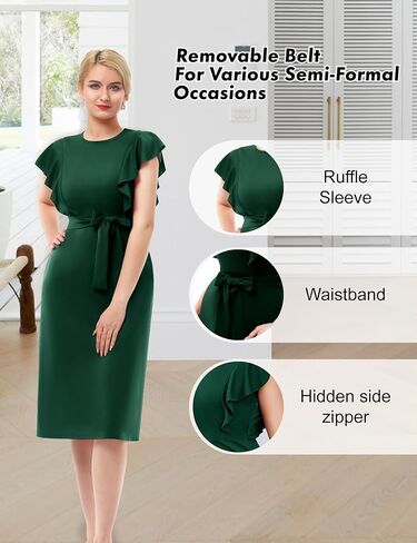 MUADRESS Women Ruffle Sleeve Crewneck Church Dress Knee Length Elegant Formal Work Business Dress with Belt in Kuwait