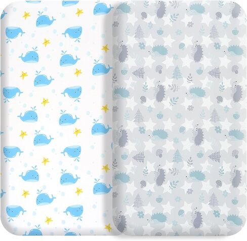 Bassinet Sheet Set Halo Bassinest Fitted Sheets 2 Pieces Fits Rectangle Oval Halo Hourglass Mattress Stretchy Fitted Bassinet Sheets Soft Comfortable Boys Girls Unisex (Baby Whale & Hedgehog) in Saudi Arabia