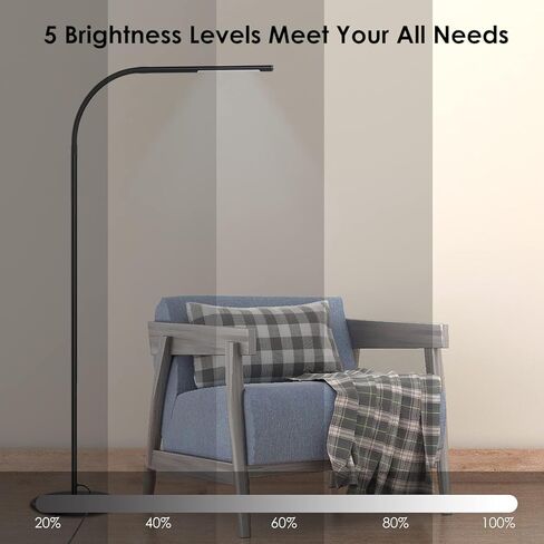مصابيح أرضية حديثة LED، ضوء قراءة مرن قائم على شكل رقبة معقوفة مع قاعدة ثابتة، 4 ألوان و5 سطوع خافت، تعمل باللمس وجهاز تحكم عن بعد، لغرفة المعيشة، الكرسي، الأريكة، المهام المكتبية (أسود) in Kuwait