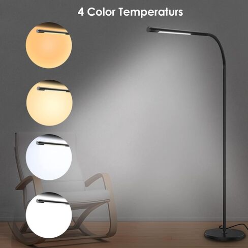 مصابيح أرضية حديثة LED، ضوء قراءة مرن قائم على شكل رقبة معقوفة مع قاعدة ثابتة، 4 ألوان و5 سطوع خافت، تعمل باللمس وجهاز تحكم عن بعد، لغرفة المعيشة، الكرسي، الأريكة، المهام المكتبية (أسود) in Kuwait