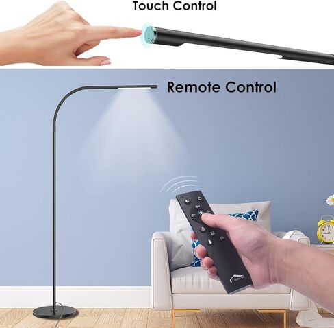 مصابيح أرضية حديثة LED، ضوء قراءة مرن قائم على شكل رقبة معقوفة مع قاعدة ثابتة، 4 ألوان و5 سطوع خافت، تعمل باللمس وجهاز تحكم عن بعد، لغرفة المعيشة، الكرسي، الأريكة، المهام المكتبية (أسود) in Kuwait