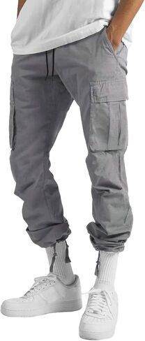 سروال كارجو رجالي للركض - بنطال رياضي بخصر مطاطي مريح من القطن فضفاض مستقيم للعمل سروال تكتيكي مع جيوب رمادي in Kuwait