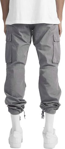 سروال كارجو رجالي للركض - بنطال رياضي بخصر مطاطي مريح من القطن فضفاض مستقيم للعمل سروال تكتيكي مع جيوب رمادي in Kuwait