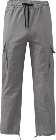 سروال كارجو رجالي للركض - بنطال رياضي بخصر مطاطي مريح من القطن فضفاض مستقيم للعمل سروال تكتيكي مع جيوب رمادي in Kuwait