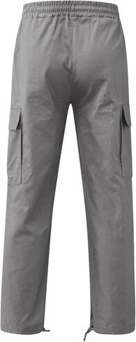 سروال كارجو رجالي للركض - بنطال رياضي بخصر مطاطي مريح من القطن فضفاض مستقيم للعمل سروال تكتيكي مع جيوب رمادي in Kuwait