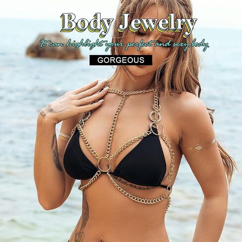 Nicute Fashion Body Chain مع قلادة ذهبية الصدر سلسلة الهذيان حزب البرازيلي بيكيني سلاسل ملهى ليلي الجسم مجوهرات التبعي للنساء والفتيات in Saudi Arabia