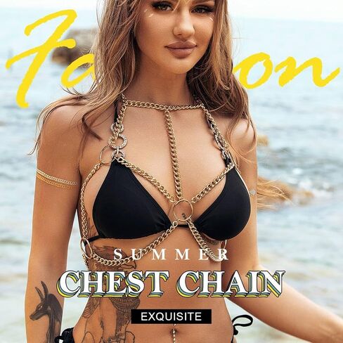 Nicute Fashion Body Chain مع قلادة ذهبية الصدر سلسلة الهذيان حزب البرازيلي بيكيني سلاسل ملهى ليلي الجسم مجوهرات التبعي للنساء والفتيات in Saudi Arabia