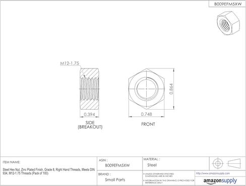 Small Parts FSCM20DIN934Z Steel Hex Nut, Zinc Plated Finish, Class 8, DIN 934, Metric, M20-2.5 Thread Size, 30 mm Width Across Flats, 16 mm Thick (Pack of 25) in Kuwait
