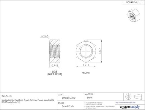 Small Parts FSCM20DIN934Z Steel Hex Nut, Zinc Plated Finish, Class 8, DIN 934, Metric, M20-2.5 Thread Size, 30 mm Width Across Flats, 16 mm Thick (Pack of 25) in Kuwait
