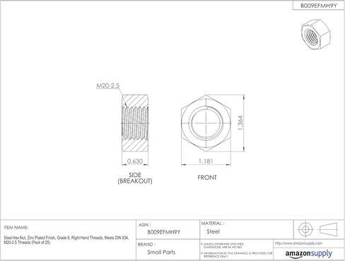 Small Parts FSCM20DIN934Z Steel Hex Nut, Zinc Plated Finish, Class 8, DIN 934, Metric, M20-2.5 Thread Size, 30 mm Width Across Flats, 16 mm Thick (Pack of 25) in Kuwait