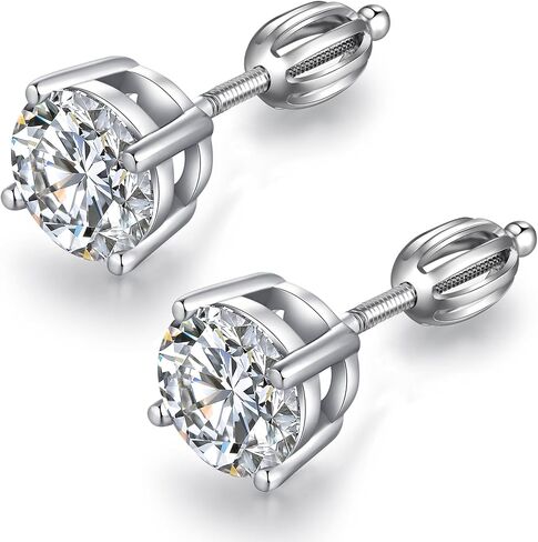 Brilliant CZ Diamond Stud Earrings with Screw Back, Platinum Plated & 925 Sterling Silver Cubic Zirconia Stud Earrings for Women/Men, CZ Stud Earrings with Long & Thick Post, 4MM-8MM in Saudi Arabia
