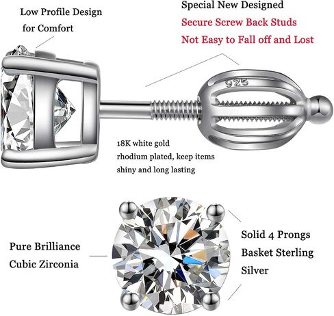 Brilliant CZ Diamond Stud Earrings with Screw Back, Platinum Plated & 925 Sterling Silver Cubic Zirconia Stud Earrings for Women/Men, CZ Stud Earrings with Long & Thick Post, 4MM-8MM in Saudi Arabia
