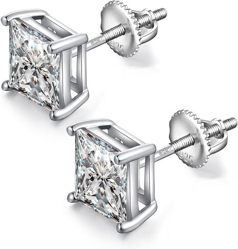 Brilliant CZ Diamond Stud Earrings with Screw Back, Platinum Plated & 925 Sterling Silver Cubic Zirconia Stud Earrings for Women/Men, CZ Stud Earrings with Long & Thick Post, 4MM-8MM in Saudi Arabia