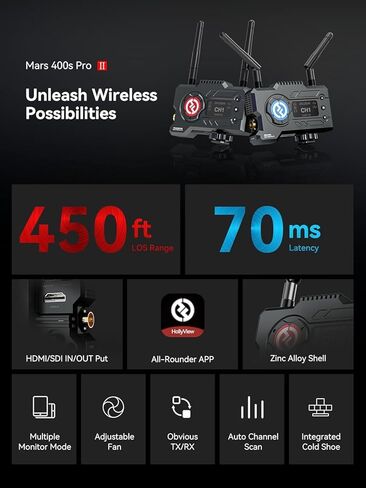 Hollyland Mars 400S Pro II جهاز إرسال واستقبال فيديو HDMI SDI لاسلكي، نطاق استجابة 0.07 ثانية بطول 450 قدم، مراقبة 4APP، نظام نقل 1080 بكسل 12 ميجا بت في الثانية 5 جيجا [حزمة بطارية وحزمة شاحن تيار متردد] in Kuwait