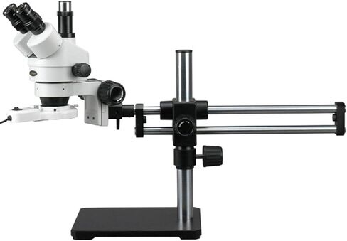 AmScope SM-5TZ-FRL Professional Trinocular Stereo Zoom Microscope, WH10x Eyepieces, 3.5X-90X Magnification, 0.7X-4.5X Zoom Objective, 8W Fluorescent Ring Light, Ball-Bearing Double-Arm Boom Stand, 110V-120V, Includes 0.5X and 2.0X Barlow Lenses in Saudi Arabia