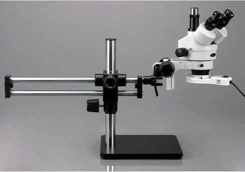 AmScope SM-5TZ-FRL Professional Trinocular Stereo Zoom Microscope, WH10x Eyepieces, 3.5X-90X Magnification, 0.7X-4.5X Zoom Objective, 8W Fluorescent Ring Light, Ball-Bearing Double-Arm Boom Stand, 110V-120V, Includes 0.5X and 2.0X Barlow Lenses in Saudi Arabia