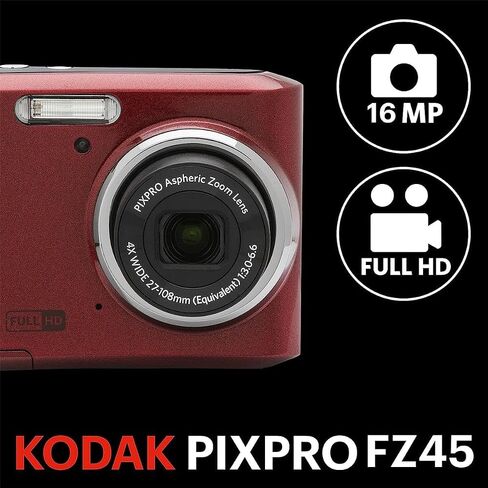 كاميرا رقمية Kodak PIXPRO FZ45 Friendly Zoom 16MP Full HD رقمية، حمراء، حزمة مع بطاقة ذاكرة 32 جيجابايت وحقيبة كاميرا in Kuwait