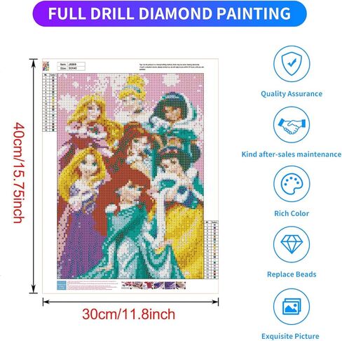 DIY 5D الماس اللوحة بواسطة مجموعات أرقام للبالغين، 16 "X12" لوحات DIY كريستال حجر الراين الماس التطريز الكامل الحفر عبر غرزة عدة صور الفنون الحرفية لديكور جدار المنزل الأميرة فتاة in Kuwait