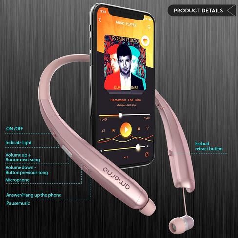سماعات بلوتوث AMORNO قابلة للطي، سماعة رأس رياضية لاسلكية بشريط حول الرقبة مع سماعات أذن قابلة للسحب، سماعات ستيريو مقاومة للعرق مع ميكروفون وحقيبة حمل (ذهبي) in Kuwait