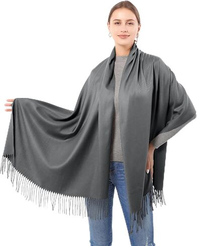 Genovega المرأة الباشمينا وشاح شال التفاف المرأة والأوشحة والأغطية الزفاف الدافئة المتضخم الباشمينا كبير كبير أزياء شالات بطانية الرقبة لبطانية فساتين السهرة هوليدايت رمادي in Kuwait