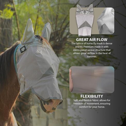 RS Premium Horse Fly Mask with Ears | Smoothly Protect Face and Ears from UV & from Insects | Made with Durable elasticable Lattice | Sweat Absorber | Comfortable & Relaxable | Size: Medium & Large in Saudi Arabia