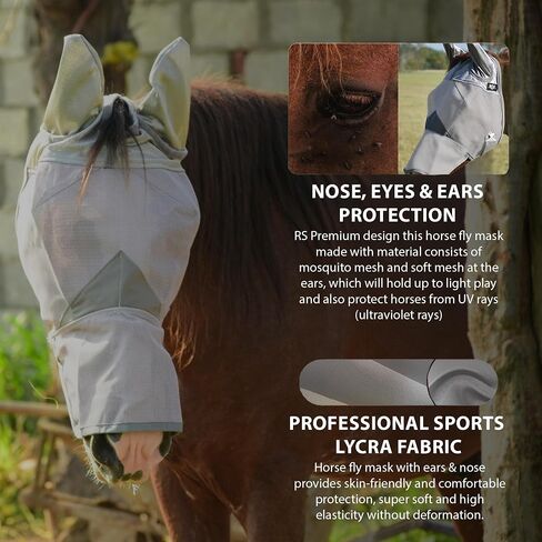 RS Premium Horse Fly Mask with Ears | Smoothly Protect Face and Ears from UV & from Insects | Made with Durable elasticable Lattice | Sweat Absorber | Comfortable & Relaxable | Size: Medium & Large in Saudi Arabia