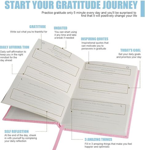 التأكيدات اليومية لمجلة الامتنان مع مخطط حياة بسيط غير مؤرخ، دليل خمس دقائق للمخطط اليومي، من أجل المزيد من السعادة والإيجابية والتأكيد واليقظة والعناية الذاتية (أبيض) in Kuwait