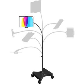 LEVO Adjustable Height Floor Stand for Tablet & Phone - Gooseneck Holder Mount with Stable Base - Compatible with All Cell Phones & Tablets (4-13 inch) - Black Without Casters