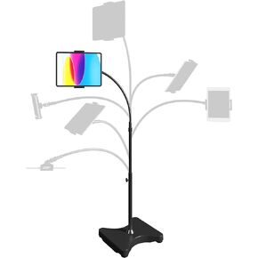 LEVO Adjustable Height Floor Stand for Tablet & Phone - Gooseneck Holder Mount with Stable Base - Compatible with All Cell Phones & Tablets (4-13 inch) - Black Without Casters