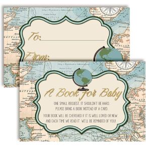 Adventure Awaits World Traveler Gender Neutral “Bring A Book" Cards for Baby Showers, 20 2.5 by 4 Inch Double Sided Insert Cards by AmandaCreation, Invite Guests to Bring A Book for the Baby