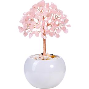Jovivi Natural Rose Quartz Crystal Tree Money Tree Feng Shui Gemstone Healing Tree Life with Pot Ceramic Base for Home Office Desk Crystal Decor Christmas Ornaments