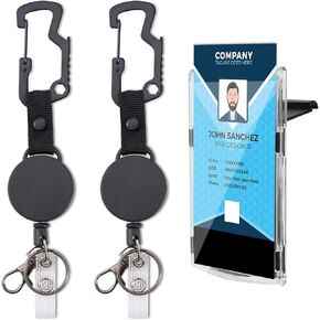 Genuine Leather ID Card Badge Holder Retractable Clip Heavy Duty Carabiner Badge Reel Keychain, Key Chain with Steel Cord, Matte Black, 10.0 oz