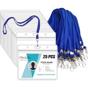 25Pcs Clear Plastic Horizontal Name Tags Badge ID Card Holders and 25Pcs Flat Neck Lanyards, Blue
