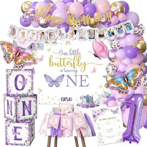 Butterfly First Birthday Decorations Girl - Butterfly 1st Birthday Party Supplies, Balloon Arch, Backdrop, Balloon Box, Highchair Banner, Butterfly One-Year-Old Birthday Party Decorations