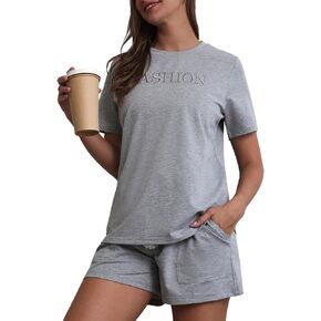 Women Two Piece Outfits Sets Embroidery Short Sleeve Pullover Tops and Drawstring Shorts with Pockets Lounge Sets