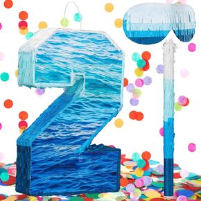 Number 2 Pinata Large Gradient Blue Pinata with Stick Blindfold and Colorful Confetti Party Pinatas 2nd Birthday Party Supplies for Boys Girls Kids Themed Anniversary Celebration Decoration