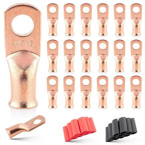 RED WOLF 4 AWG 5/16"(M8) 20PCS Wire Lugs Ring Terminal Connectors Ends, 4 Gauge Battery Cable Copper Connector Ring Ends Stud w/Heat Shrink Tubing 3:1 Black Red for Automotive Electrical