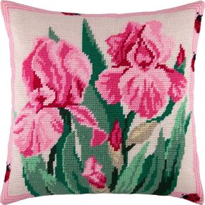 Floral Embroidery Kit for Adults and Beginners — Blue Irises 16″ × 16″ with Clear, Precise Printed Design on Cotton Canvas; Includes 2 Needles, Yarn, and Easy-Read Chart