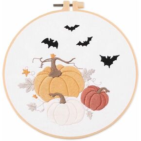 Stamped Embroidery Starters Kits with Pattern for Beginners Pumpkin and Bat with Hoops Cloth Color Threads Cross Stitch Kits Needlework for Adults Students Home Decoration