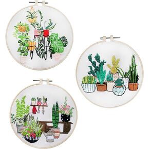 3 Pack Potted Plants Embroidery Kit for Beginners with Pattern, Needlepoint Starter Kits for Adults, Embroidery Set 3 Stamped Cloth, 6 Needles, 3 Plastic Hoops, 3 Instructions by DiyerClub Crafts