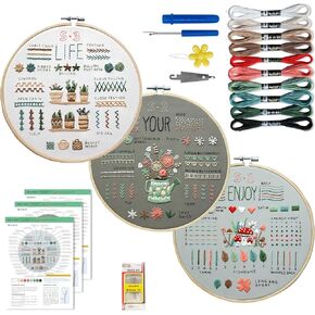 3 Sets embroidery kits easy to follow videos&instructions for beginners adults to learn 33 Different Stitches DIY Kits Includes Stamped Flower Pattern Hoop Color Threads Tools For Decorative ornaments