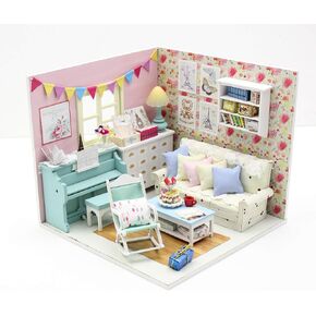 1:18 Scale Cool Beans Boutique Miniature Dollhouse DIY Kit - Family Room with Blue Piano and Dust Cover (English Manual)